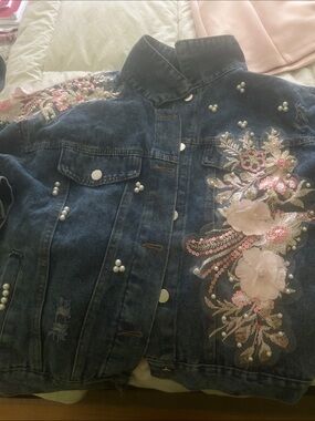 Dark Blue Embroidered Denim Jacket with Pink Floral Appliqué